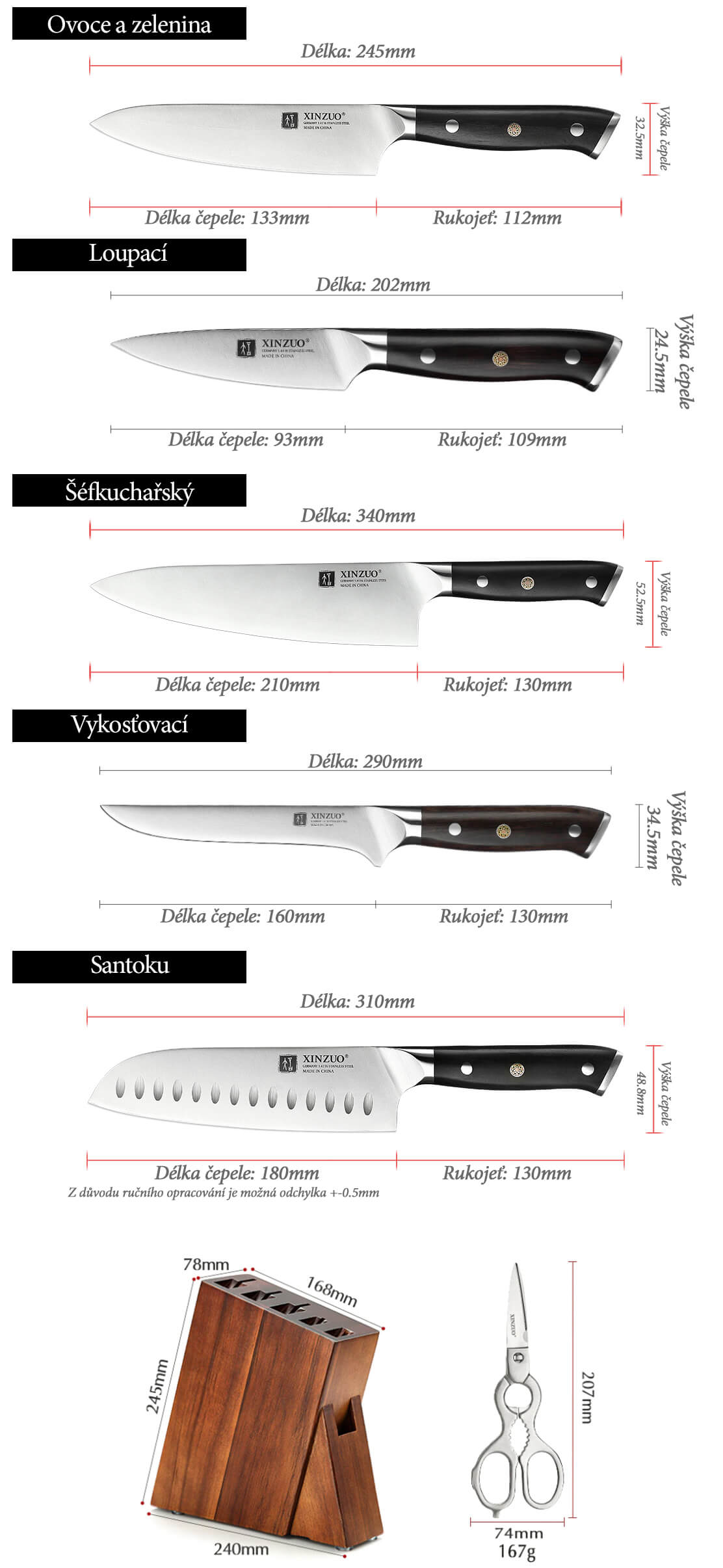Rozměry nožů v sadě B13S